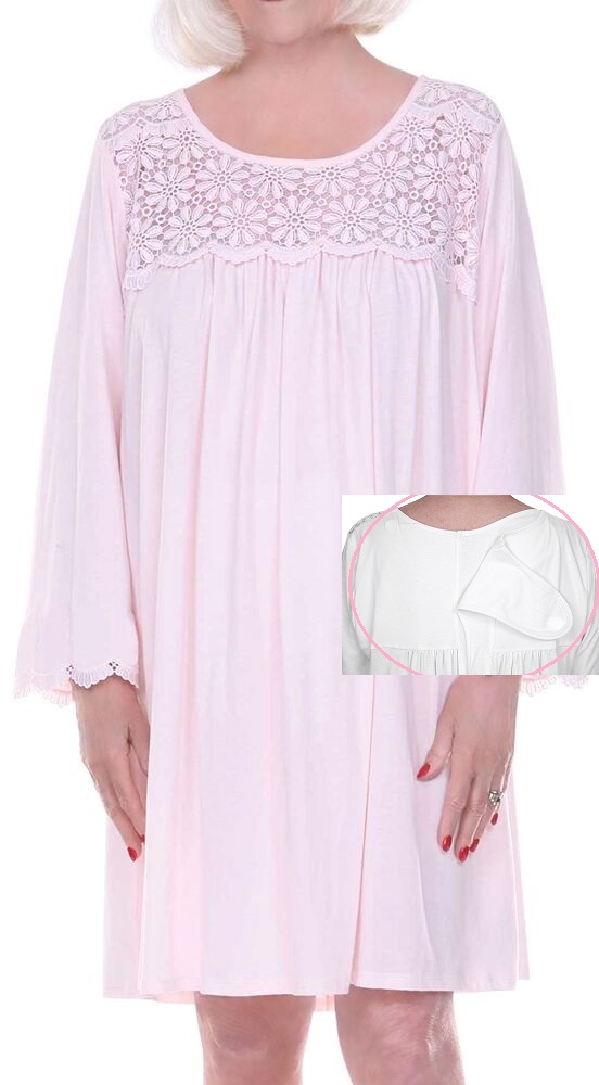 Long Sleeve Pink Nightgown with Lace Yoke and soft gathers at the chest